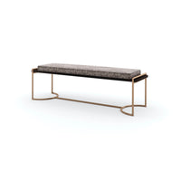 Minimalist bench with curved metal legs, side view.