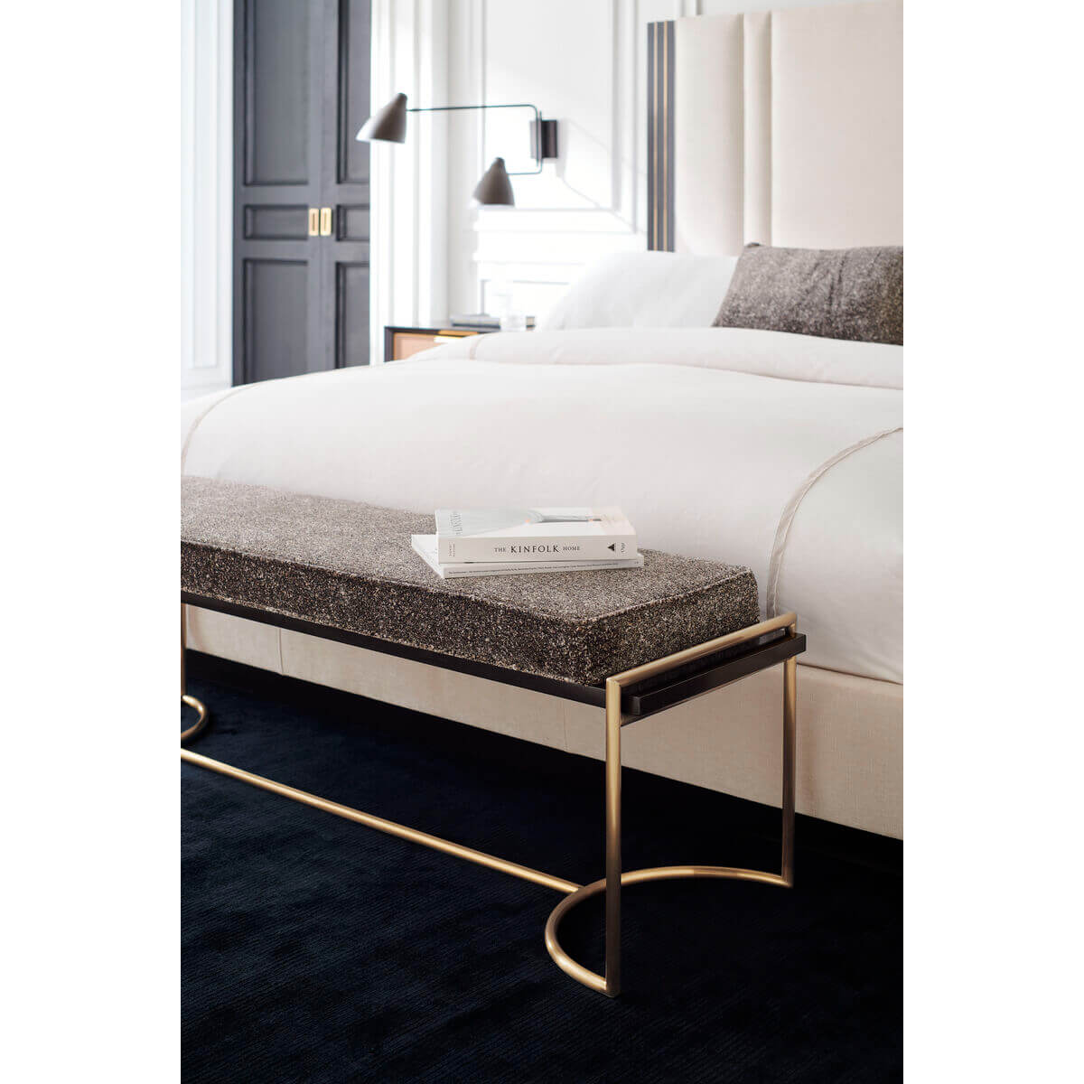 Minimalist bench in elegant bedroom, close-up scene.