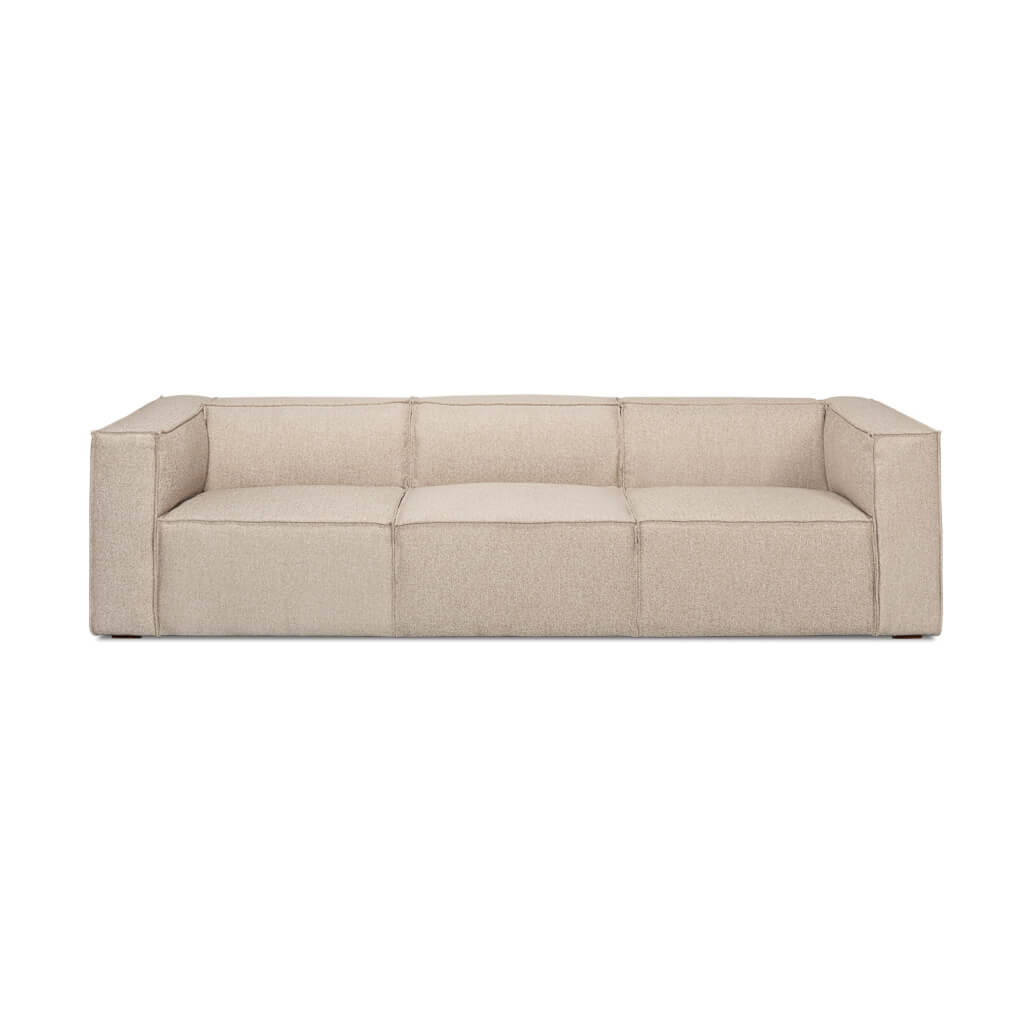 Beige minimalist linen sofa front view.