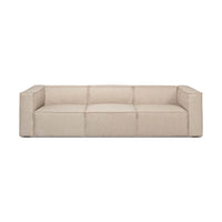 Beige minimalist linen sofa front view.