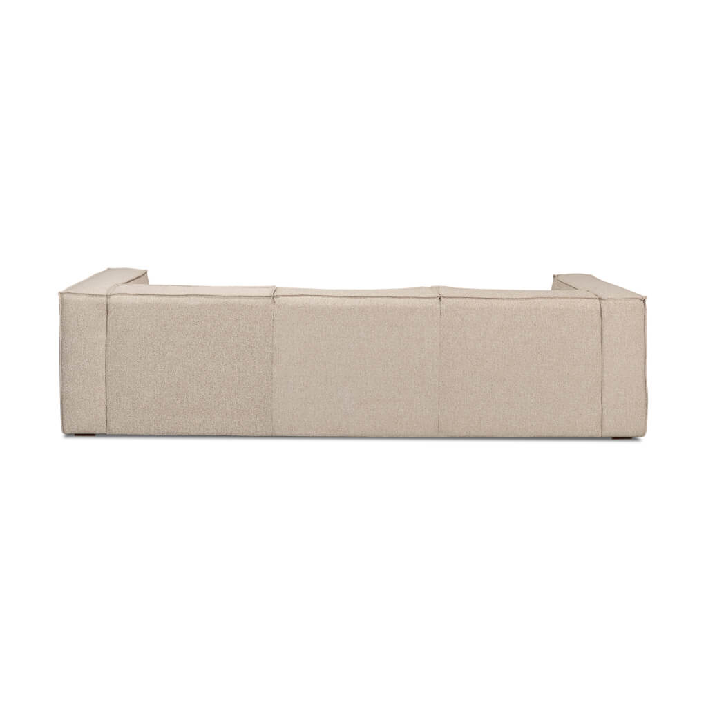 Beige minimalist linen sofa back view.