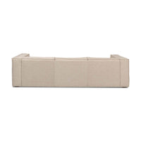 Beige minimalist linen sofa back view.