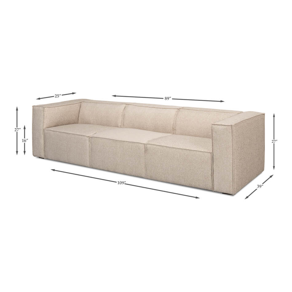 Dimensions of minimalist linen sofa, illustrated.