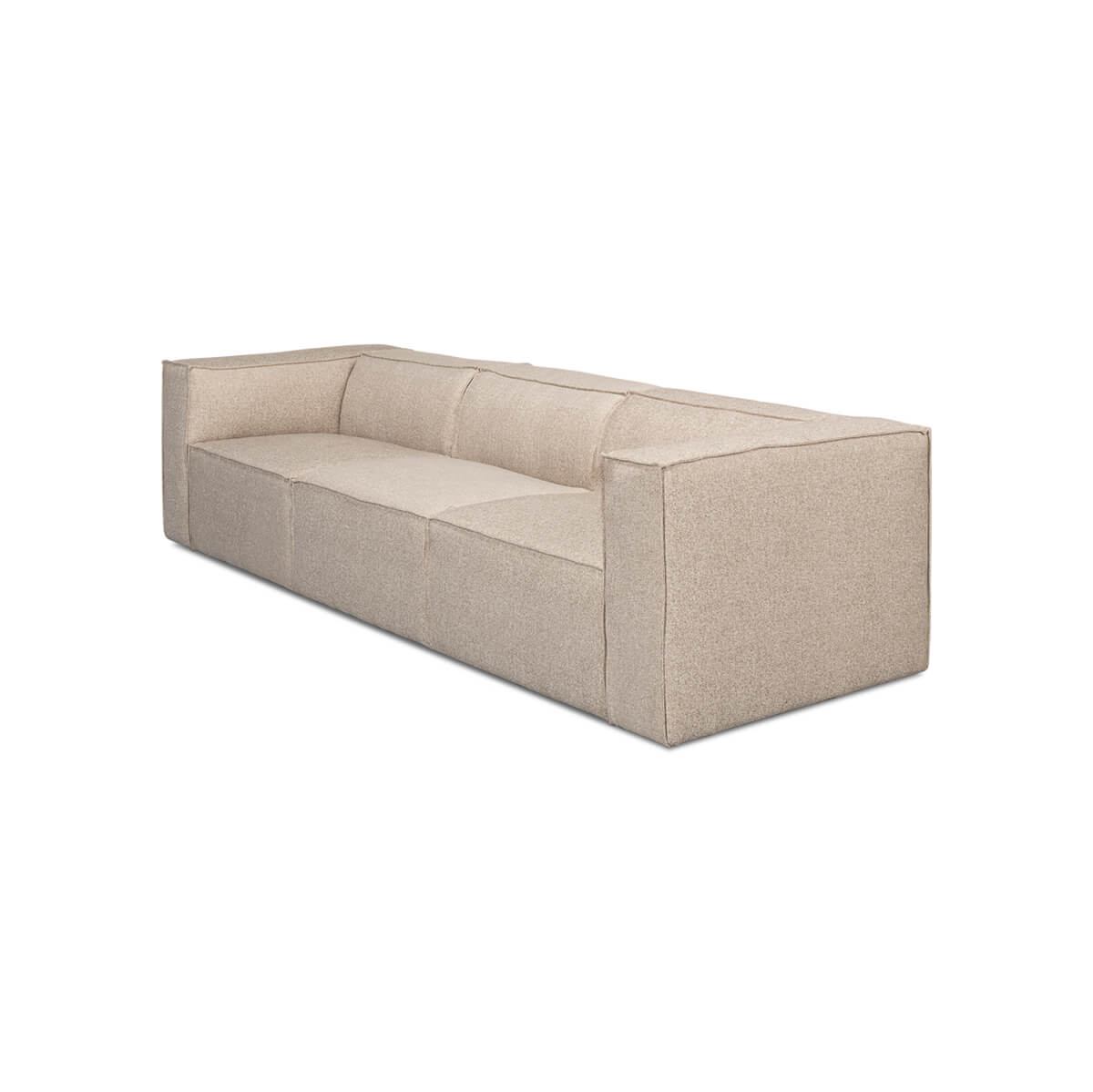 Beige minimalist linen sofa angled side view.