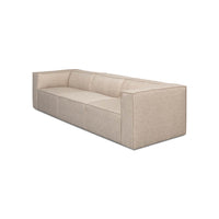 Beige minimalist linen sofa angled side view.