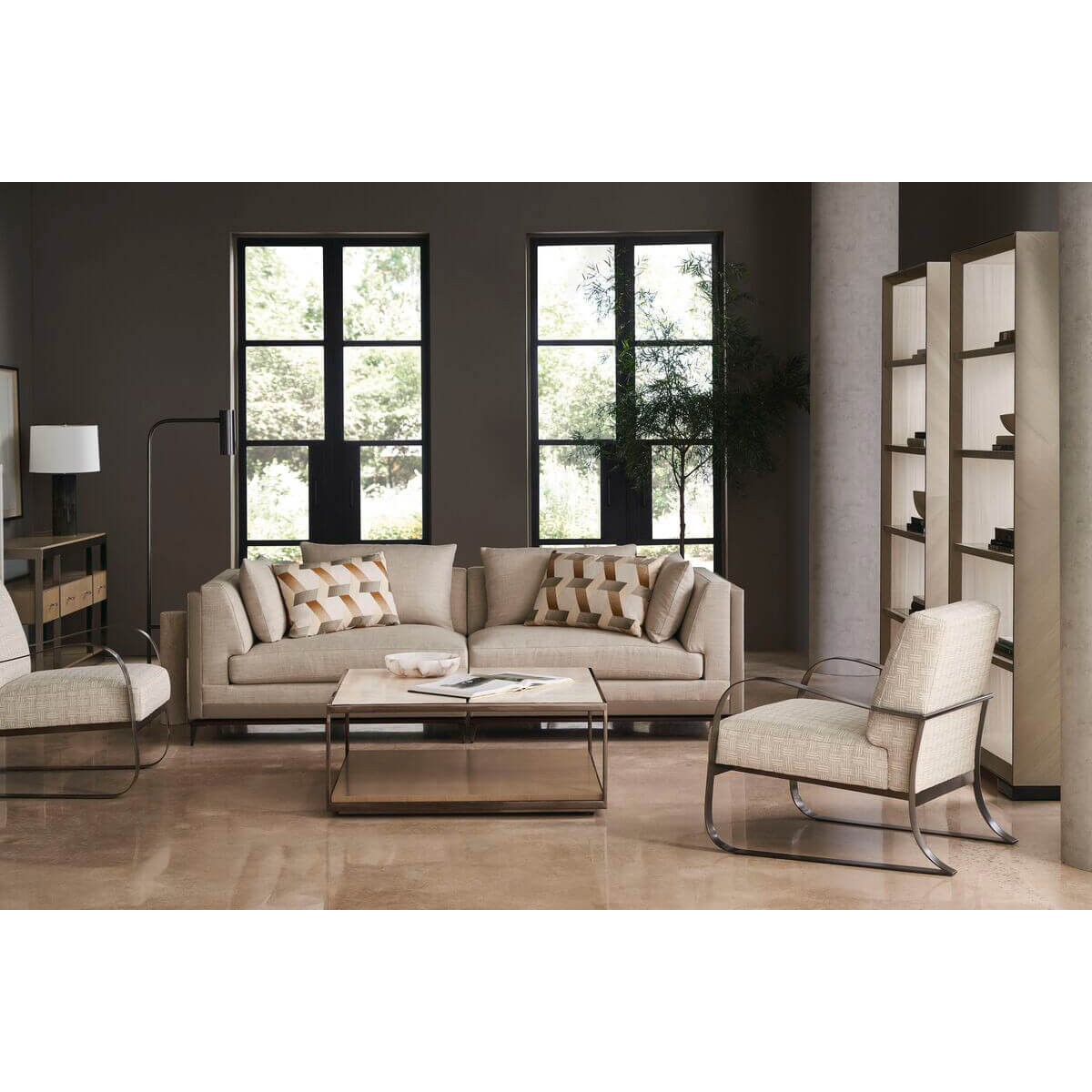 Minimalist square coffee table in styled living room setup.