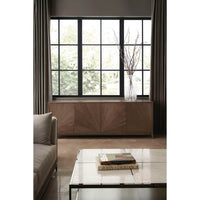 Minimalist coffee table in modern living room, window background.
