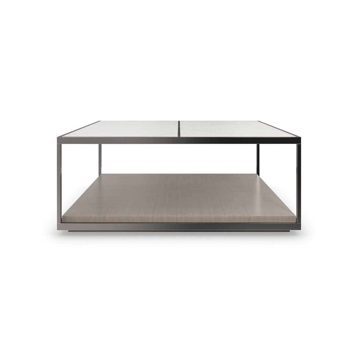 Minimalist square coffee table, front view, metal frame.