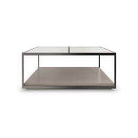 Minimalist square coffee table, front view, metal frame.