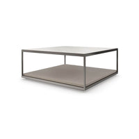 Minimalist square coffee table, angled view, metal frame.