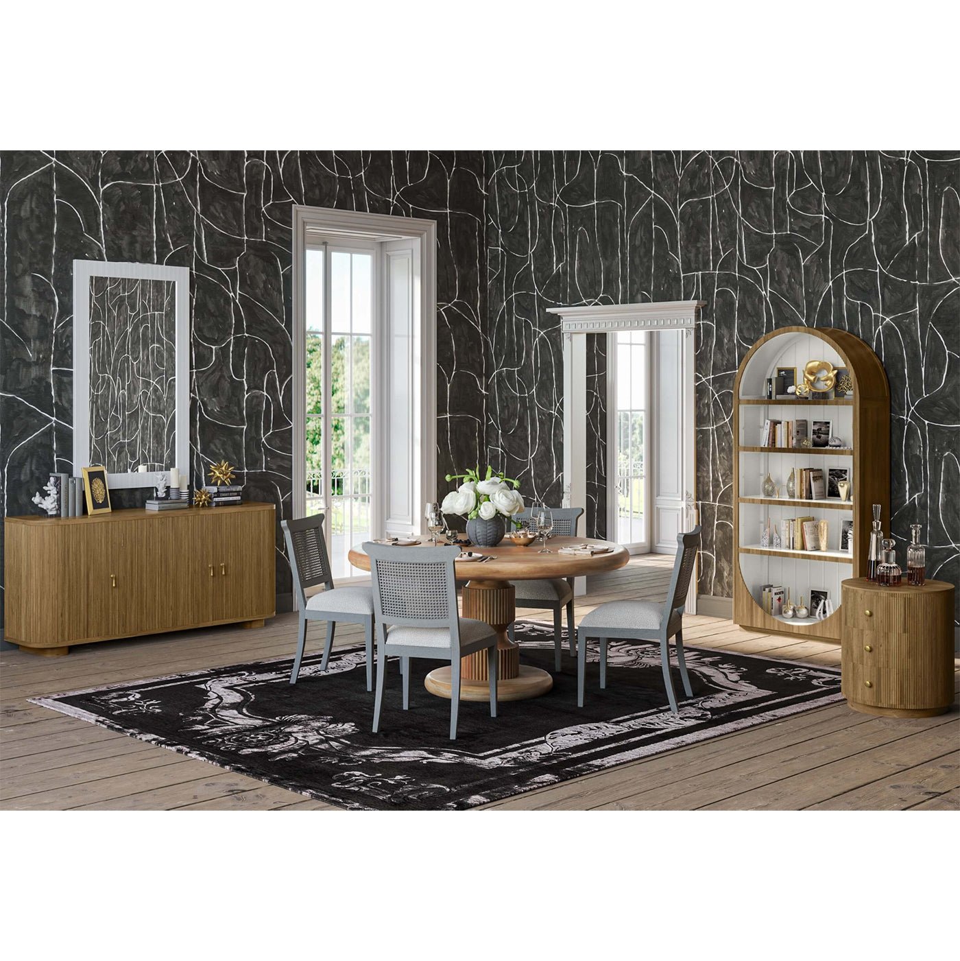 Modern bookshelf in dining room setting with furniture.