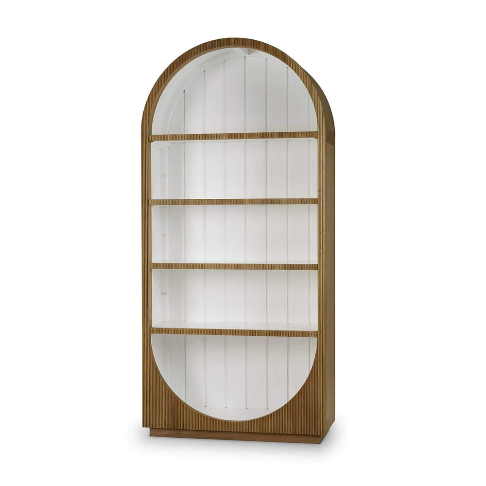 Modern arched bookshelf front view; empty, white interior.