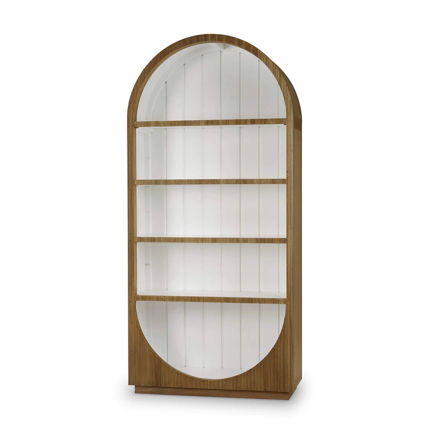 Modern arched bookshelf front view; empty, white interior.