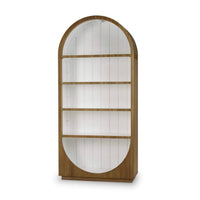Modern arched bookshelf front view; empty, white interior.