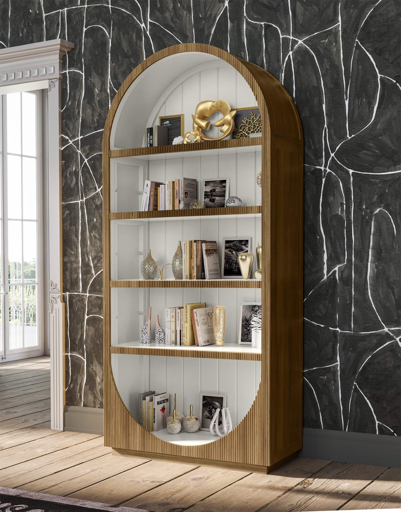 Styled modern bookshelf with decor in a living room.