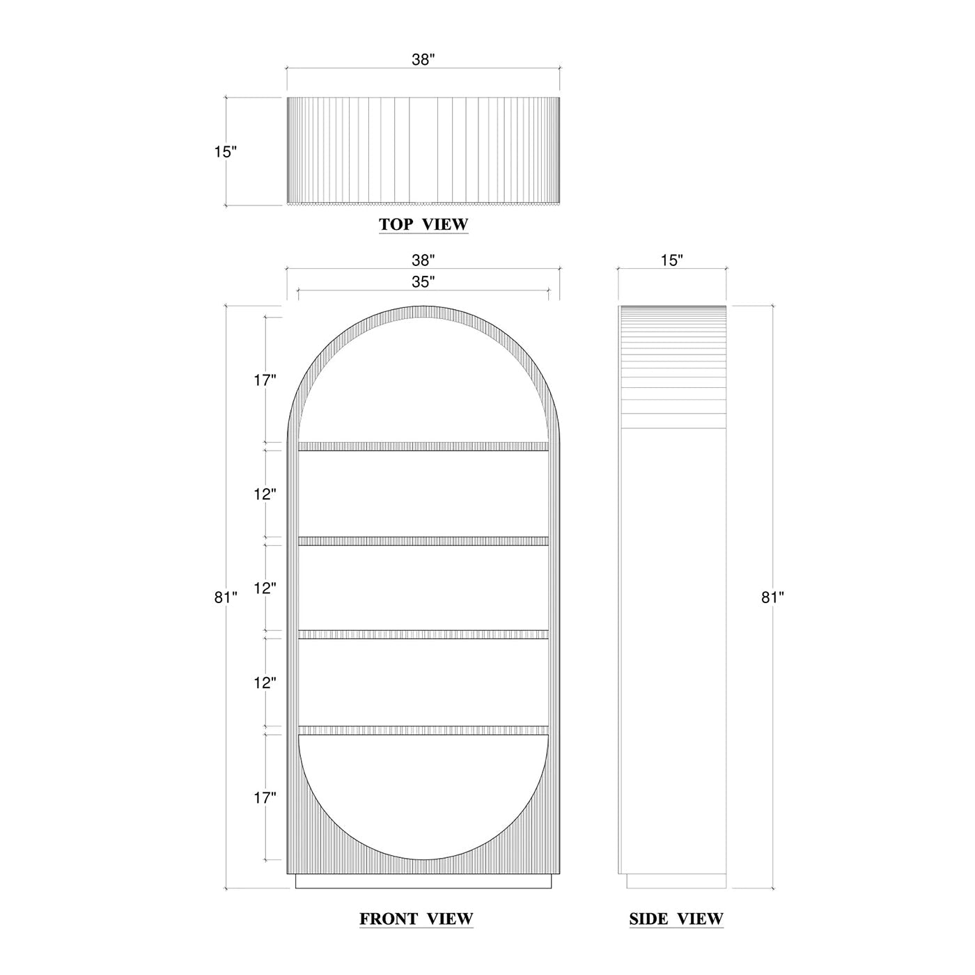 Dimensioned line drawing of modern arched bookshelf.
