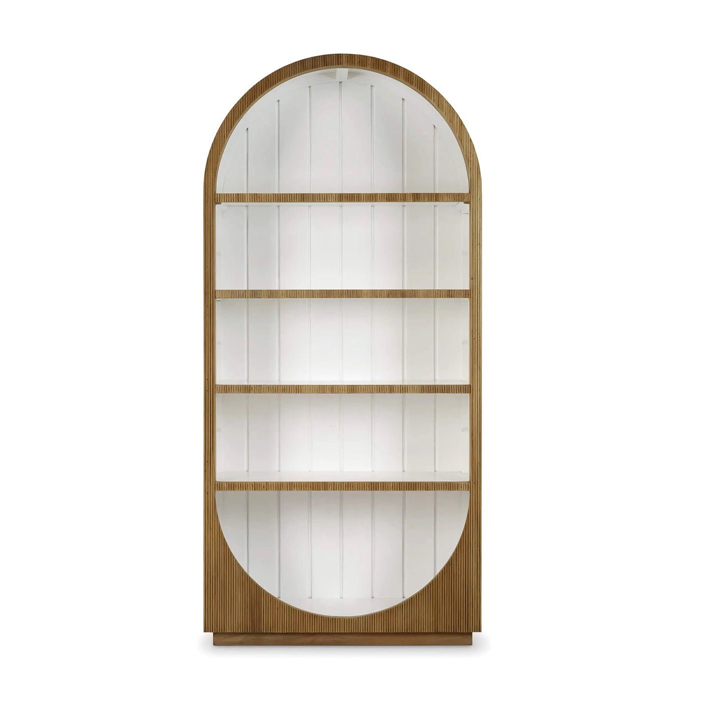 Arched bookshelf front view; wood and white design.