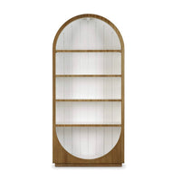 Arched bookshelf front view; wood and white design.