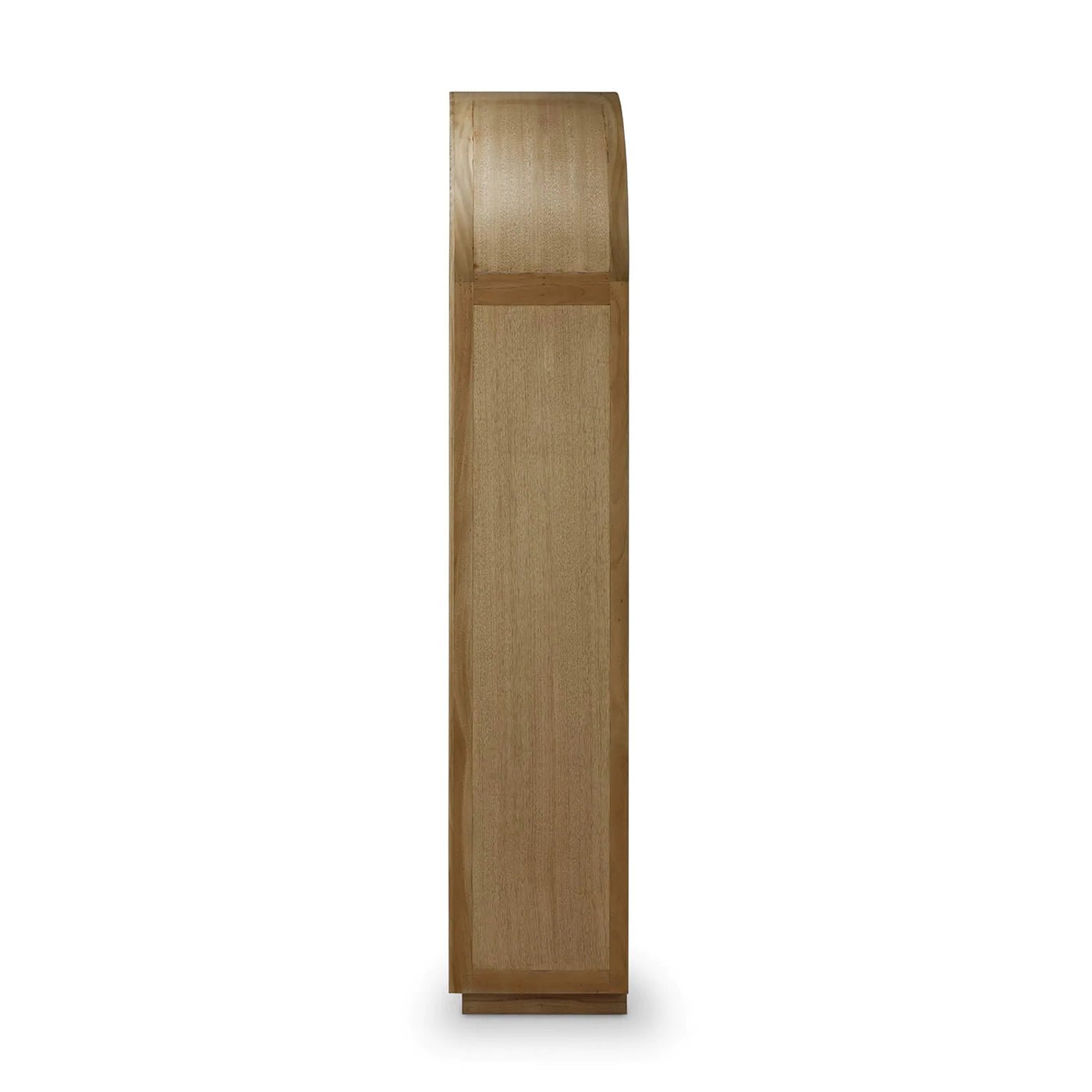 Side view of modern arched bookshelf; wood finish.