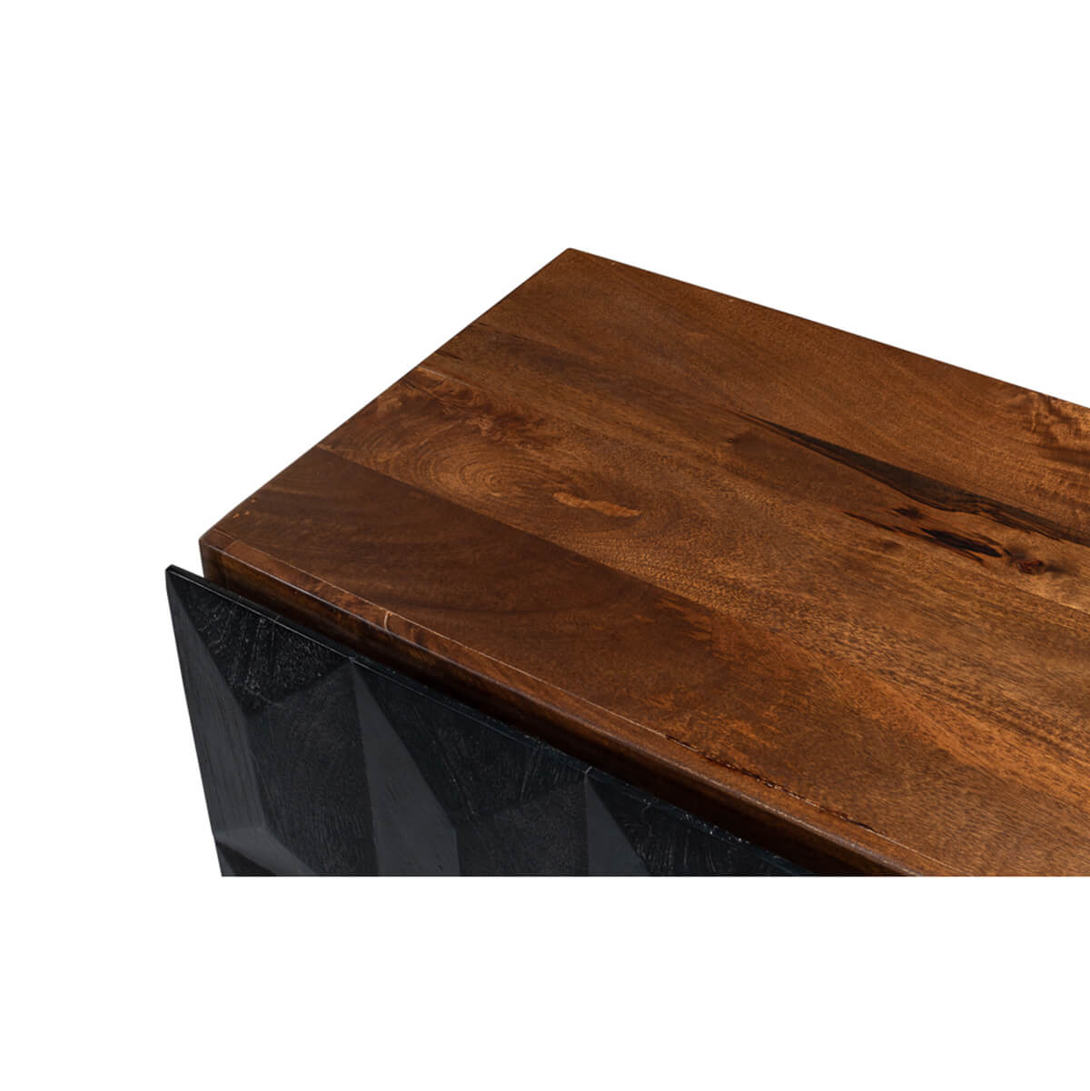 Close-up corner of sideboard showing wooden top detail.