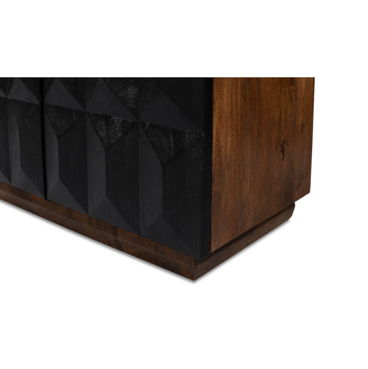 Base of sideboard, showing wood finish and black design.