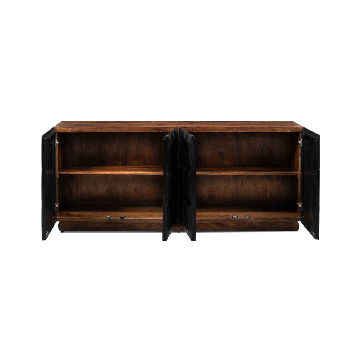 Open sideboard revealing wooden shelves inside.