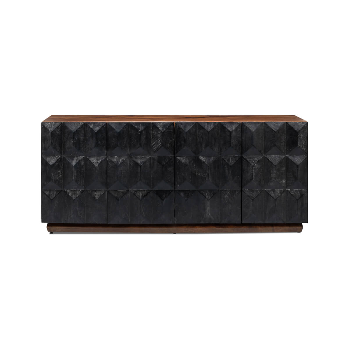 Front view of black textured sideboard with wooden top.