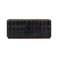 Front view of black textured sideboard with wooden top.