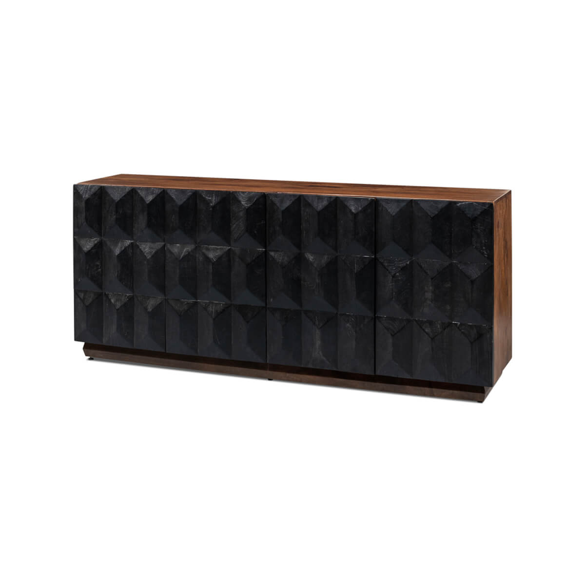 Sideboard with black textured doors, wooden top angle.