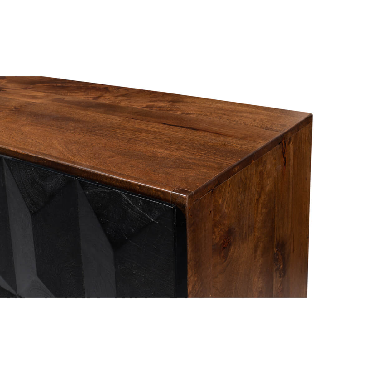 Top corner of sideboard illustrating wood grain and texture.