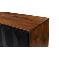 Top corner of sideboard illustrating wood grain and texture.