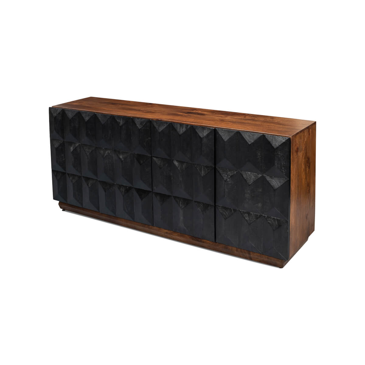 Angled side view of sideboard with geometric black doors.