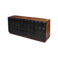 Angled side view of sideboard with geometric black doors.