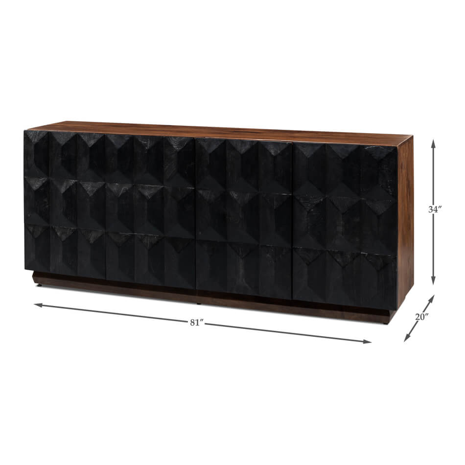 Sideboard dimensions overlay on image with black doors.
