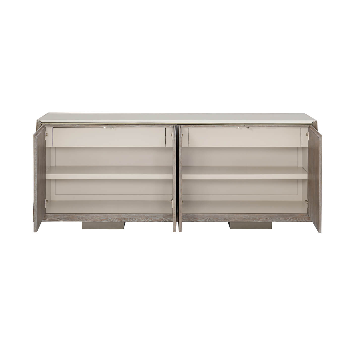 Opened modern ash buffet displaying interior shelves.