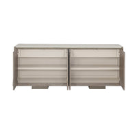 Opened modern ash buffet displaying interior shelves.