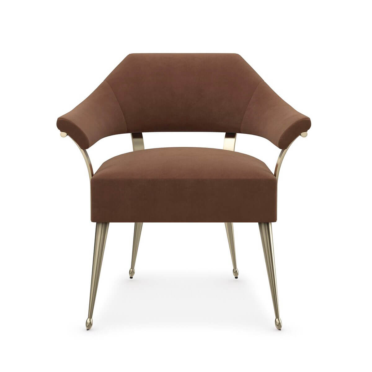 Modern barrel back armchair, front view, metal legs.