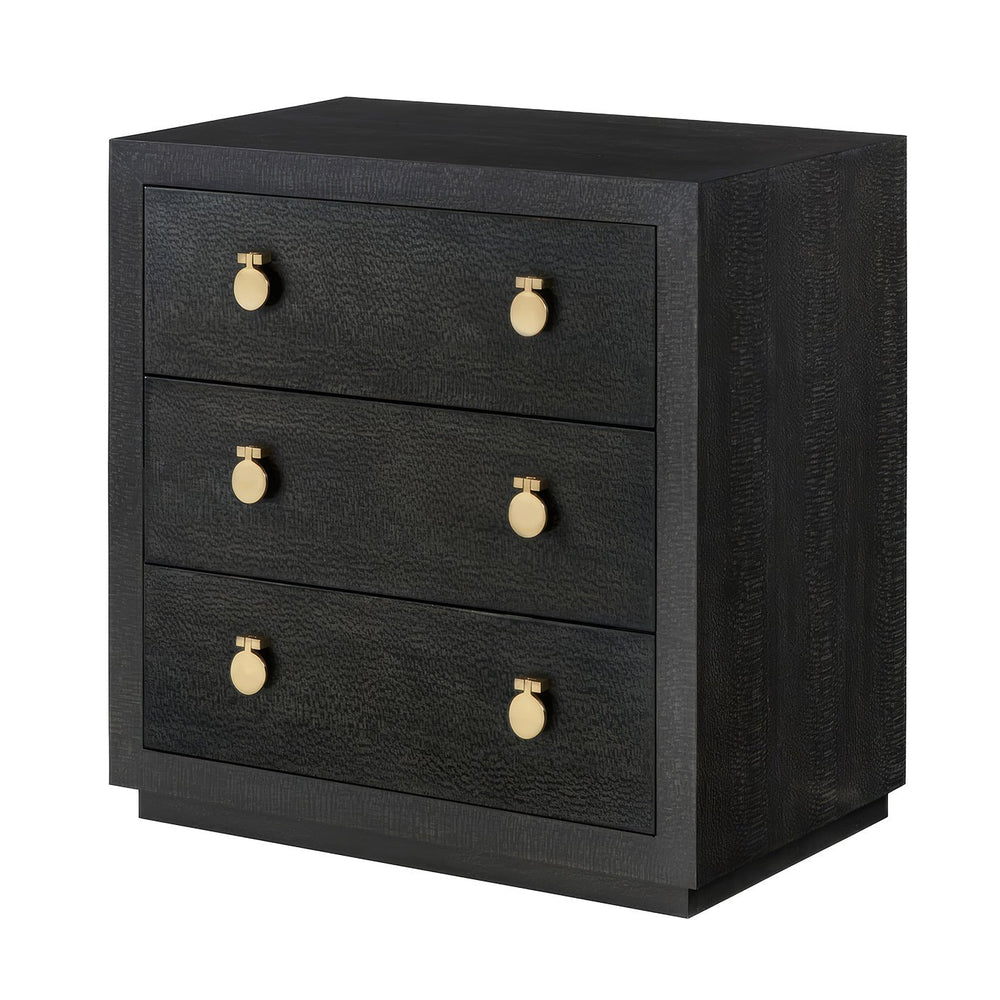 Modern black bedside chest with gold knobs, angled view.
