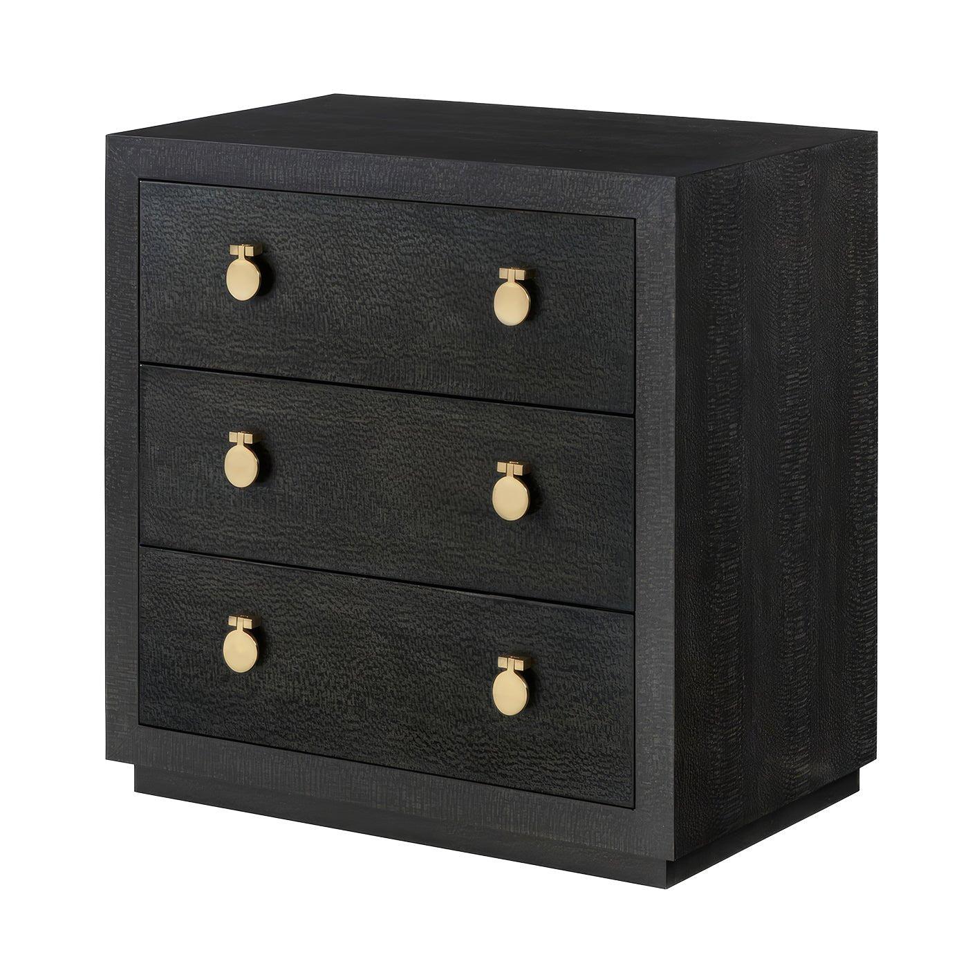 Modern black bedside chest with gold knobs, angled view.