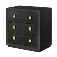 Modern black bedside chest with gold knobs, angled view.
