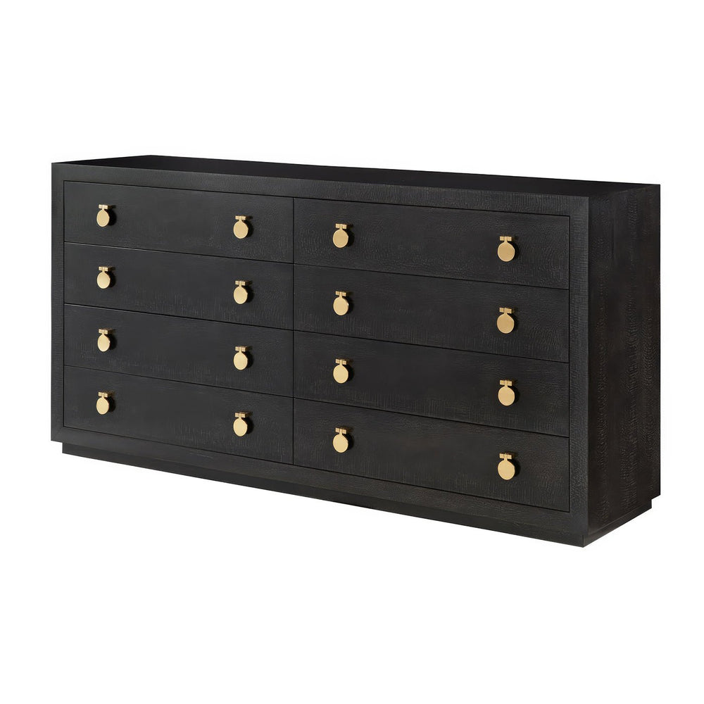 Modern black eight-drawer dresser full view, gold handles.