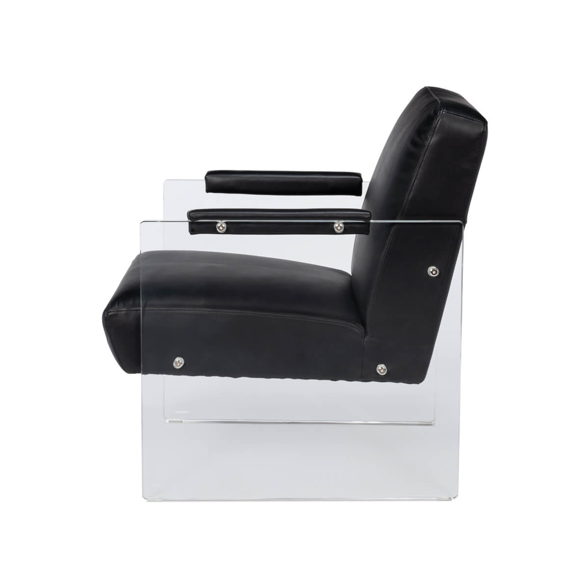 Side profile of black and lucite accent chair