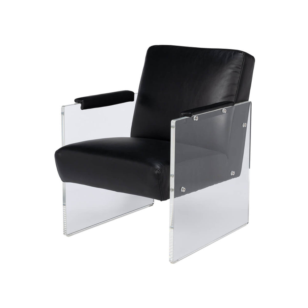 Modern black leather and lucite armchair front angle view