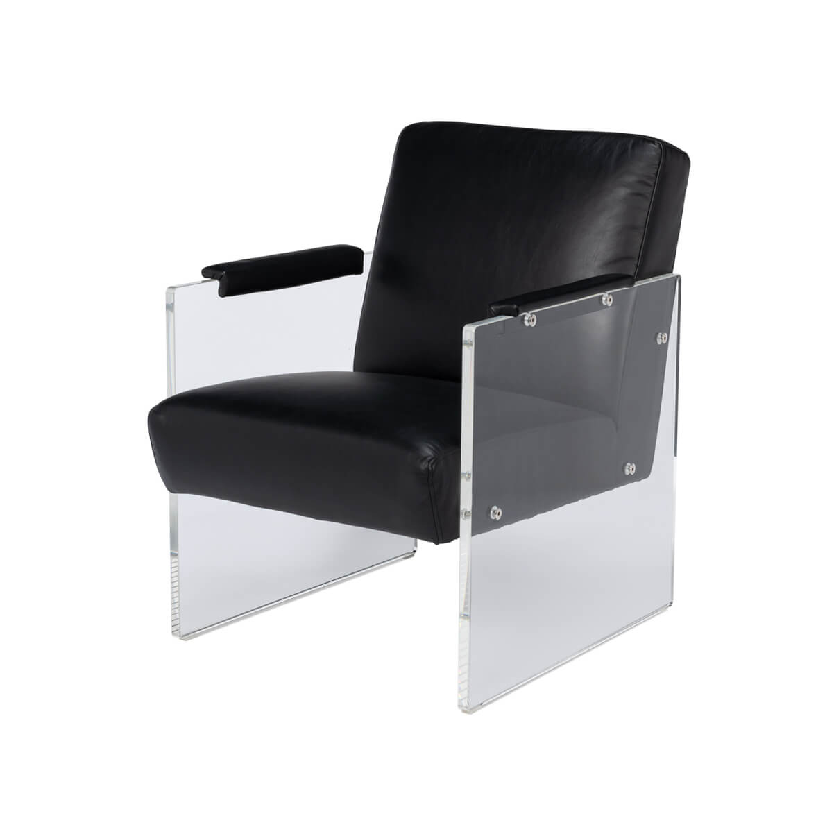 Modern black leather and lucite armchair front angle view