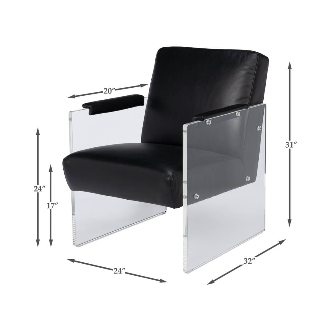 Dimensions displayed on black leather and lucite armchair