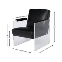 Dimensions displayed on black leather and lucite armchair