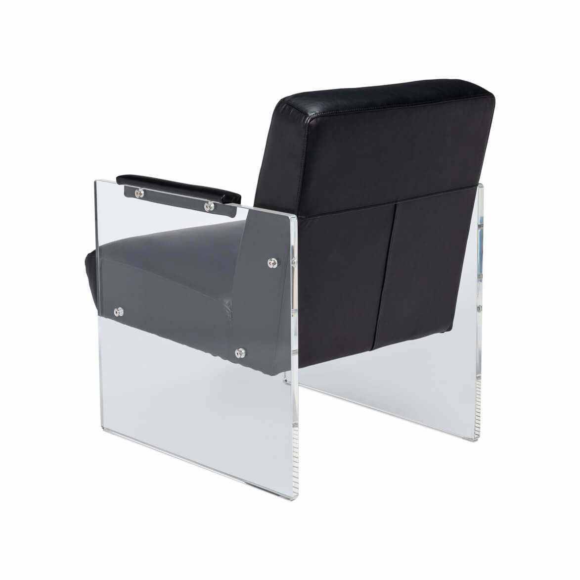 Back angle view of black leather and lucite chair