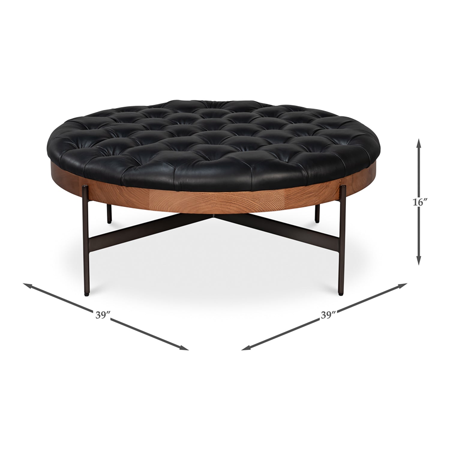 Dimensions of round black leather cocktail ottoman shown.