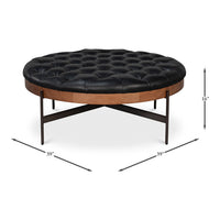 Dimensions of round black leather cocktail ottoman shown.