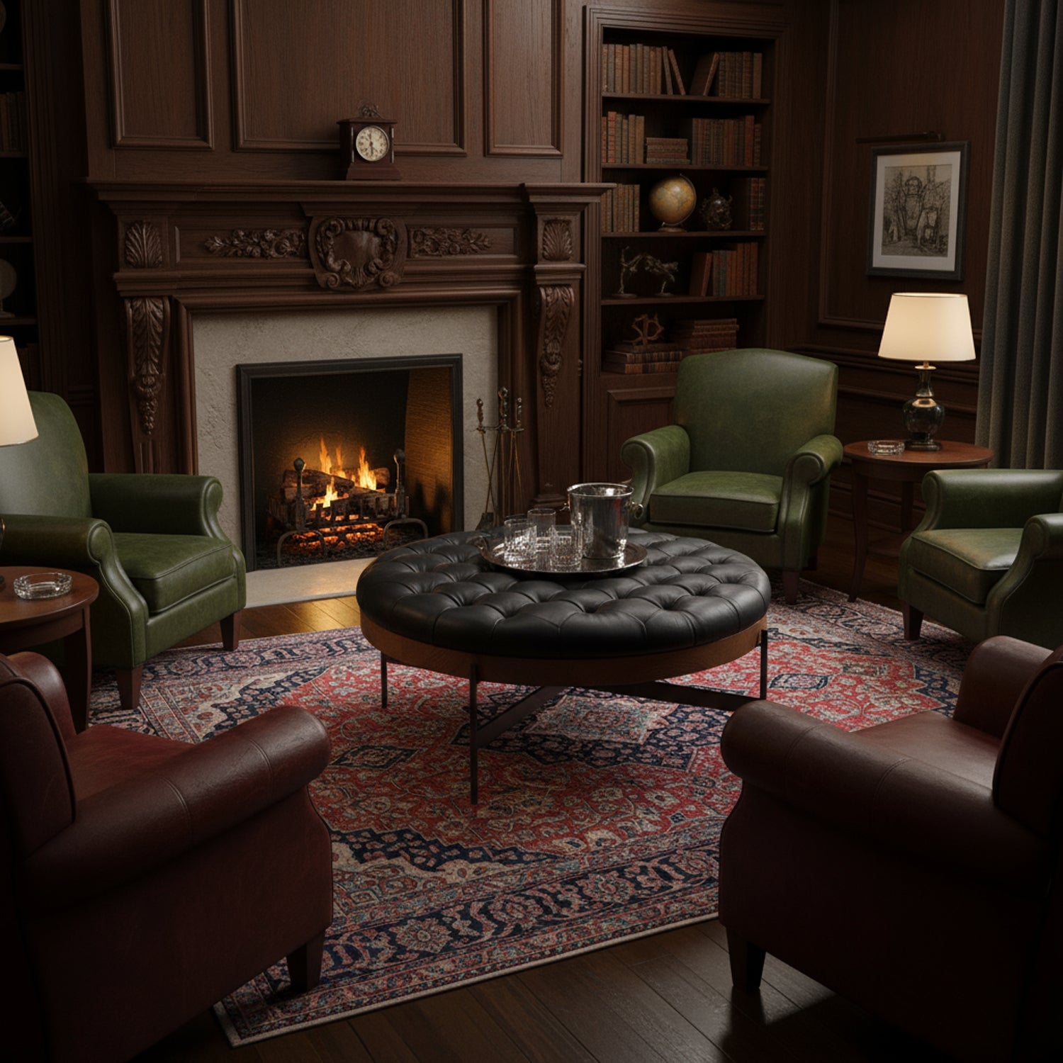 Black leather ottoman in cozy library setting.